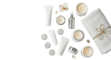 Spa products flat lay with candles and gift isolated on black background