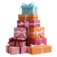 Stack of Colorful Gift Boxes with Ribbons Isolated on Transparent Background