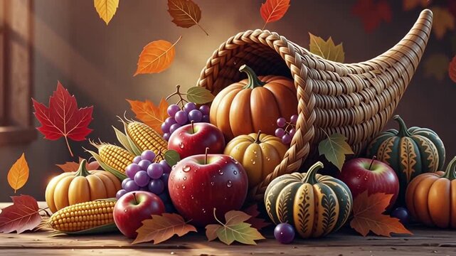 Cinematic Cornucopia Autumn Harvest Animation - Thanksgiving Abundance, Fall Celebration, Horn of Plenty