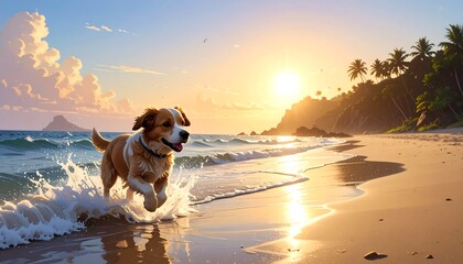 A joyful dog runs along a sun-drenched beach at sunset, the warm colors and gentle waves creating a serene and picturesque scene.