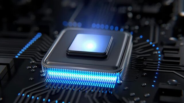 Glowing microchip circuit board processor blue light technology electronics closeup glowing microprocessor chip blue light circuit board electronic