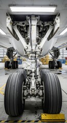 Closeup of Airplane Landing Gear in Maintenance Hangar
