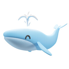 Light Blue Cartoon Whale Spouting Water Joyfully Against Transparent Background