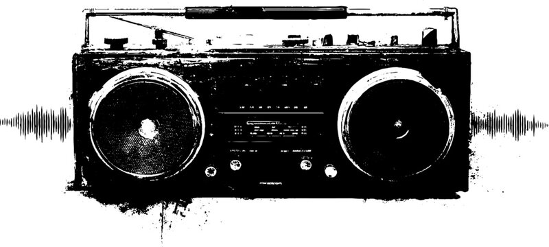 Vintage broken radio stencil with sound waves for retro design projects