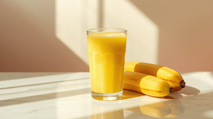 A refreshing glass of banana juice beside ripe bananas in warm morning sunlight.