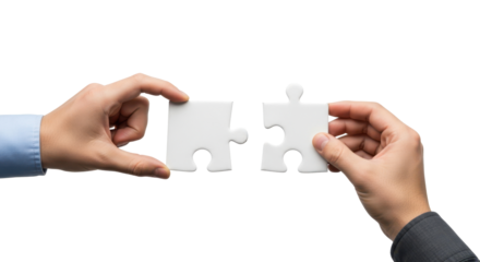 Hands connecting two white puzzle pieces, teamwork and problem solving concept, isolated on transparent background