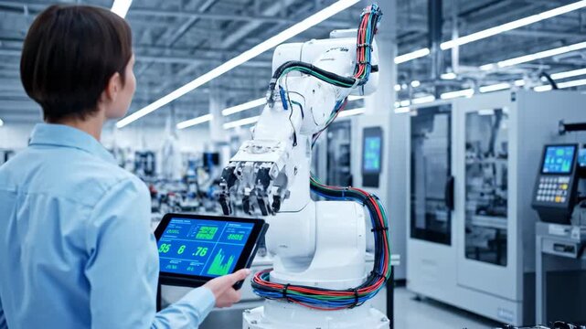 Female Technician Monitoring White Robotic Arm With Tablet in Factory