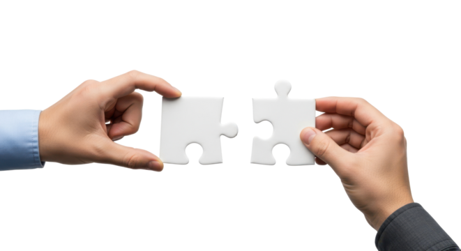 Hands connecting two white puzzle pieces, teamwork and problem solving concept, isolated on transparent background
