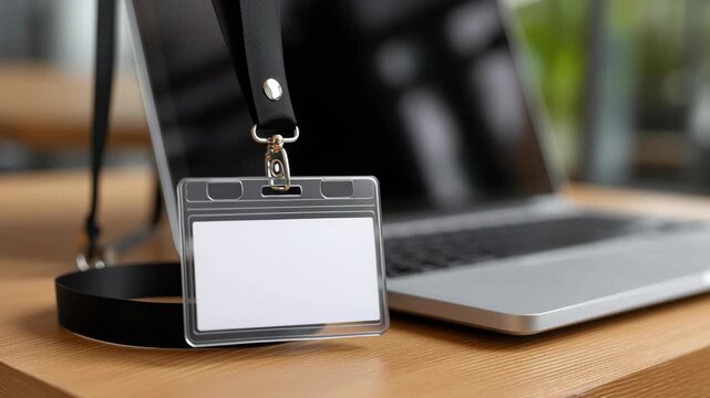 Blank identification badge with lanyard wooden desk by laptop, blank badge identification card lanyard near laptop wooden desk conveys professional