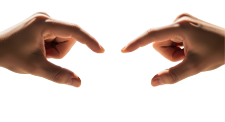 Hands connecting two white puzzle pieces, teamwork and problem solving concept, isolated on transparent background