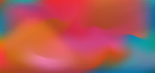 Vibrant orange, pink and aquamarine blue colors digital watercolor mesh gradient background with halftone texture. Trendy colorful red and teal liquid wavy backdrop for ui design, explosion poster