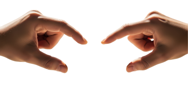 Hands connecting two white puzzle pieces, teamwork and problem solving concept, isolated on transparent background