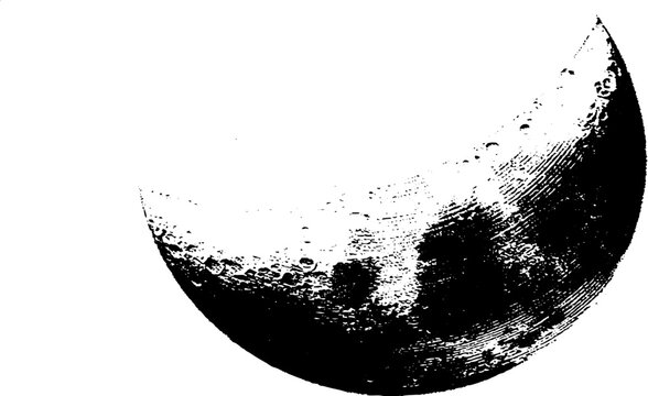 Celestial crescent moon stencil art in black and white for vintage design