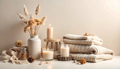 Minimal interior setup with beige tones, cozy blankets, dried plants, and candles. A calming fall home aesthetic for lifestyle content and interior branding.
