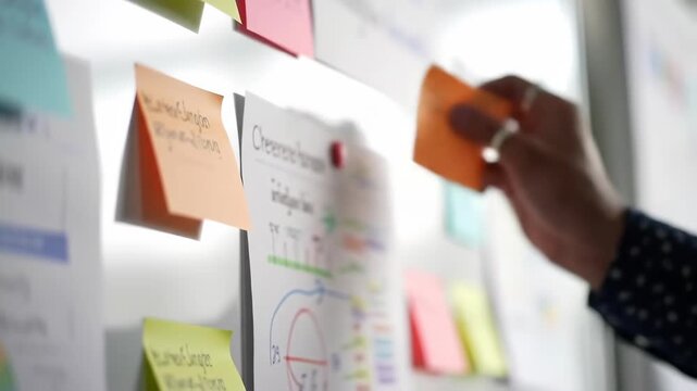 Hand Adds Orange Note to Whiteboard with Colorful Charts and Notes