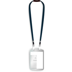 Blank White Identification Card Holder With Dark Blue Lanyard And Clip Attached To Neck On White Background