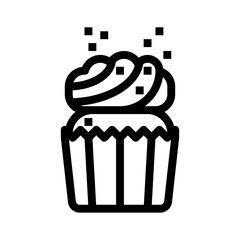 Black Outline Icon of a Cupcake with Swirled Frosting and Sprinkles on a Transparent Background