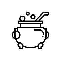 Black Outline Icon of a Witchs Cauldron with Bubbles and a Stirring Spoon on a Transparent Background
