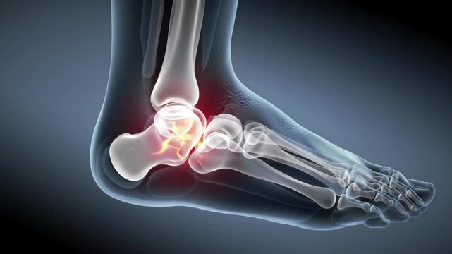 Illustration of Foot Bones in Medical Visualization with Red Spot on Dark Background