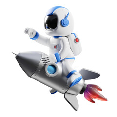 Cartoon Astronaut Riding a Silver Rocket Ship Through Space with Red Flame Exhaust and Blue Accents on Suit