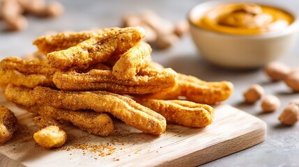 Beninese Kuli-Kuli arranged isolated on a light wooden board, crispy fried peanut sticks
