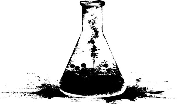 Black and white grunge silhouette of a glass beaker for science themes and designs