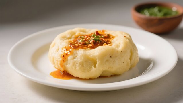 Beninese Foufou isolated on a deep white plate, elastic yam dough served with spicy sauce