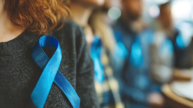 Ribbon of Awareness: A close-up shot of a person's chest adorned with a vibrant blue ribbon, symbolizing support for a cause, highlighting the essence of empathy and solidarity