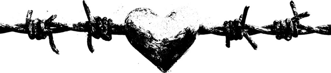 Black and white heart entangled with barbed wire stencil illustration for urban art