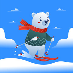 Cute Polar Bear Skiing in Winter – Flat Vector Cartoon Illustration