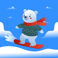 Polar Bear Snowboarding in Winter – Cute Flat Cartoon Vector Illustration