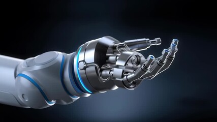 Futuristic robotic hand robot arm metallic finger mechanical prosthetic cybernetic limb close up blue accent high tech surgical arm precision dual - Powered by Adobe