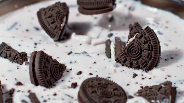 Delicious Oreo cookies crumbling into creamy white substance in slow motion.