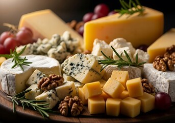 Exquisite Cheese Selection with Grapes and Walnuts on Wooden Board