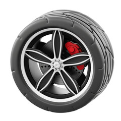 Obraz premium Close-up Studio Shot of a Car Tire and Wheel Assembly with Red Brake Caliper on Transparent Background