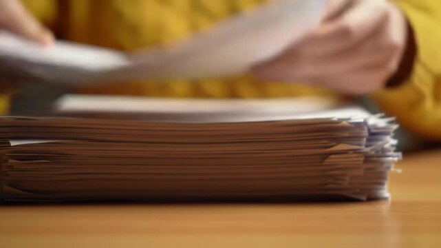 Stack of Paper Documents on Wooden Table in Bright Light
