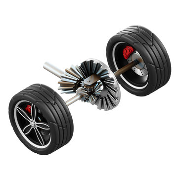 Automotive Differential Gear System With Two Tires Isolated On Black Background Mechanical Component For Vehicle Transmission Detailed 3d Rendering