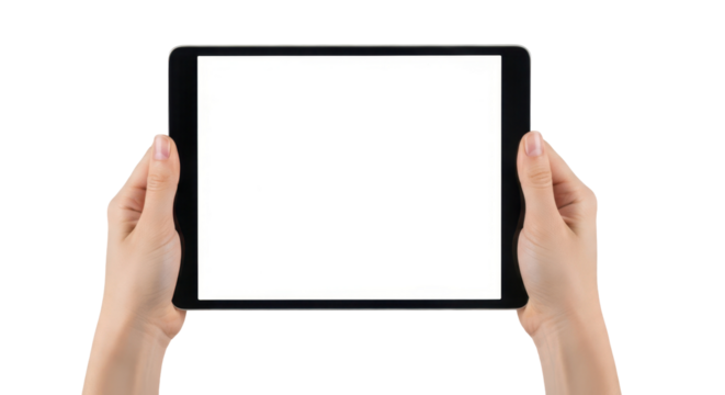 Hands holding digital tablet with blank white screen, isolated on transparent background