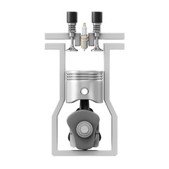 Internal Combustion Engine Piston and Crankshaft Mechanism Showing Spark Plug and Valves in a Cutaway View with Transparent Background