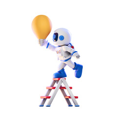 Astronaut Character Holding Bright Light Bulb Idea Symbol Standing On Ladder Against Black Background