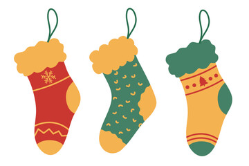 Hanging christmas socks element set. Suitable for clip art, stickers, flat design illustration, etc