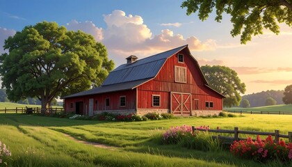 Rustic Red Barn in Sunny Meadow.