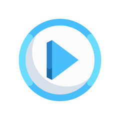 Blue play button icon with a circular light blue outline and a crescent shape behind it on a transparent background in a 3D isometric perspective