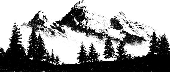 Naklejka premium Majestic mountain range silhouette with pine trees for nature-themed designs