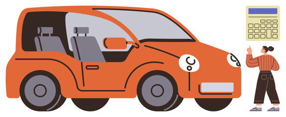 Naklejka premium Woman in casual attire using a calculator beside a large orange car. Ideal for transportation, finance, budgeting, car purchase, auto insurance, cost analysis, or decision-making concepts. Simple