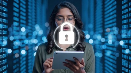 Young Woman in Olive Green Shirt Using Tablet with Digital Lock Icon - Powered by Adobe