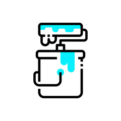 Blue And White Paint Bucket With Roller Tool Dripping Cyan Paint On Transparent Background Simple Line Icon