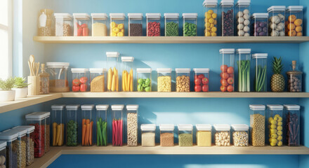 Obraz premium Organized Pantry with Various Food Items in Clear Containers on Shelves.