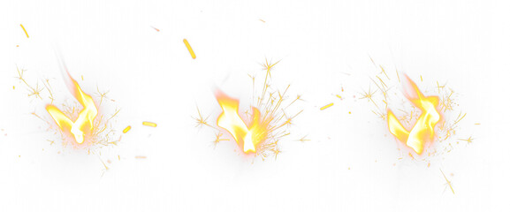 Set of realistic fire sparks isolated on transparent PNG background, glowing orange and yellow ember particles for explosion, flame, heat, and light effect overlays in photo or video editing