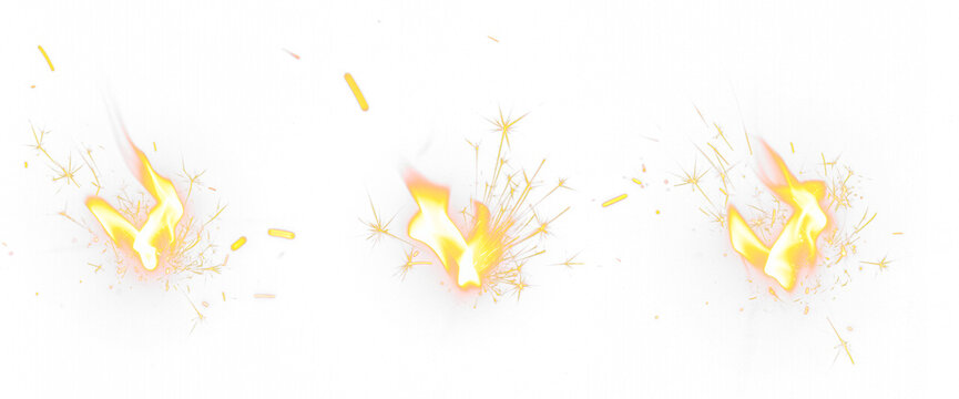 Set of realistic fire sparks isolated on transparent PNG background, glowing orange and yellow ember particles for explosion, flame, heat, and light effect overlays in photo or video editing